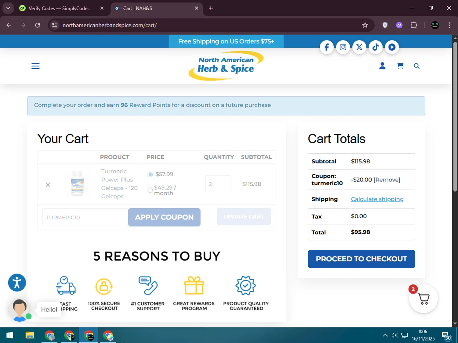 North American Herb & Spice promo code screenshot showing code TURMERIC10 applied at North American Herb & Spice checkout page. Uploaded by SimplyCodes community member BargainWizard5755 on Nov 16, 2025