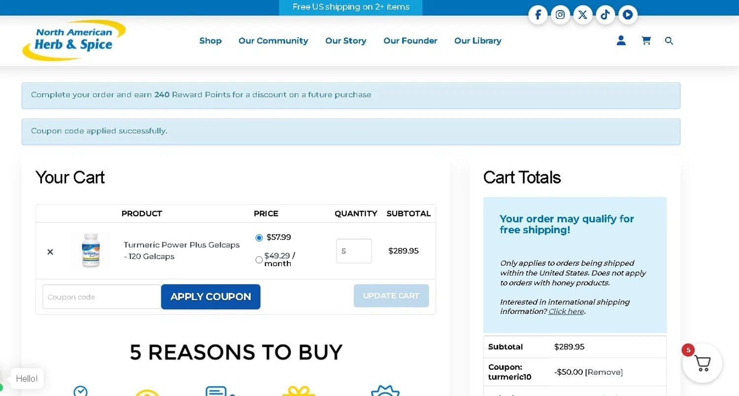 North American Herb & Spice promo code screenshot showing code TURMERIC10 applied at North American Herb & Spice checkout page. Uploaded by SimplyCodes community member LAMINEJAMAL on Apr 30, 2025