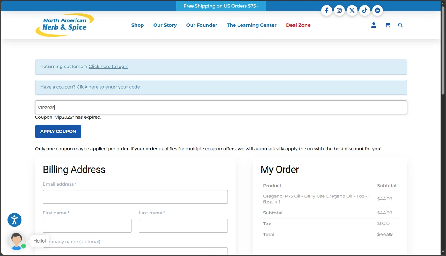 North American Herb & Spice promo code screenshot showing code VIP2025 applied at North American Herb & Spice checkout page. Uploaded by SimplyCodes community member TokioMiller on Nov 30, 2025