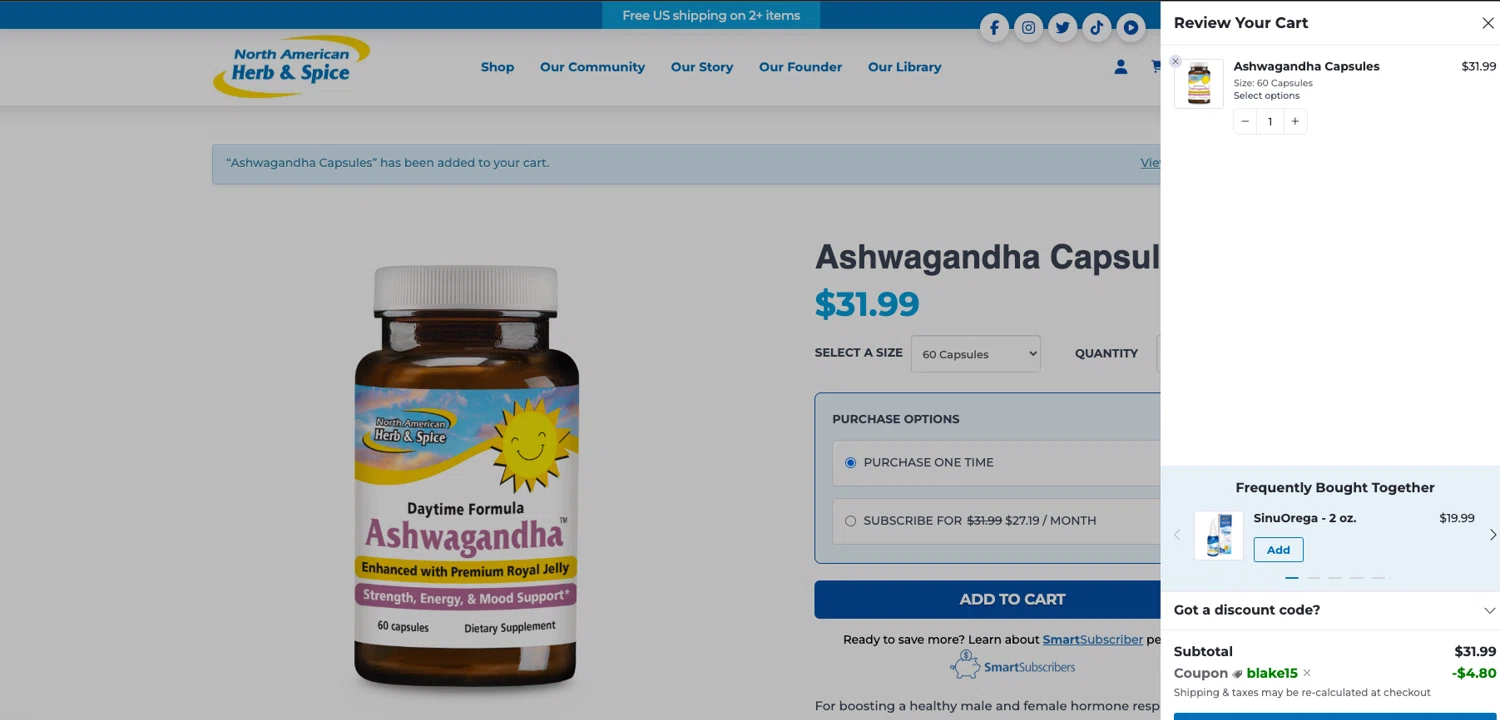 North American Herb & Spice promo code screenshot showing code BLAKE15 applied at North American Herb & Spice checkout page. Uploaded by SimplyCodes community member ELOIN777 on Feb 2, 2025