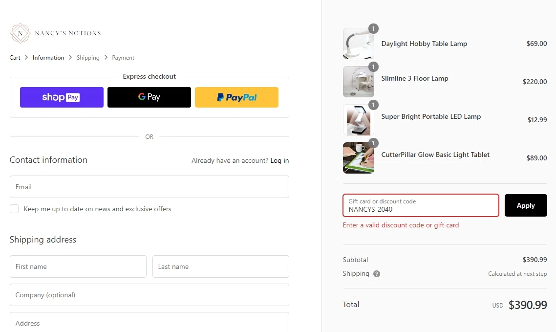 Nancy's Notions checkout page showing Nancy's Notions promo code box | Screenshot taken by SimplyCodes community member on Jul 31, 2020