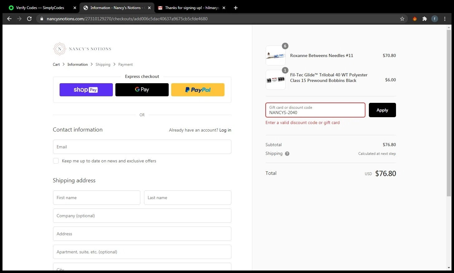 Nancy's Notions checkout page showing Nancy's Notions promo code box | Screenshot taken by SimplyCodes community member on Jul 18, 2020