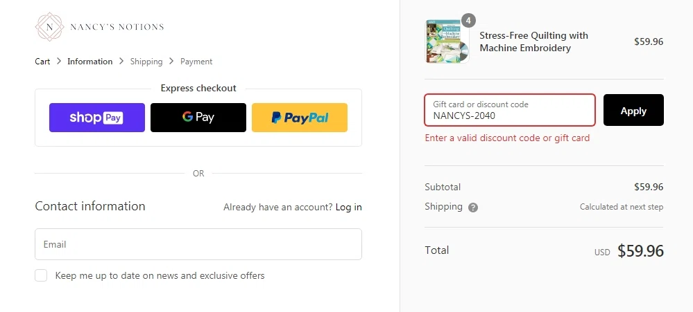 Nancy's Notions checkout page showing Nancy's Notions promo code box | Screenshot taken by SimplyCodes community member on Jul 19, 2020