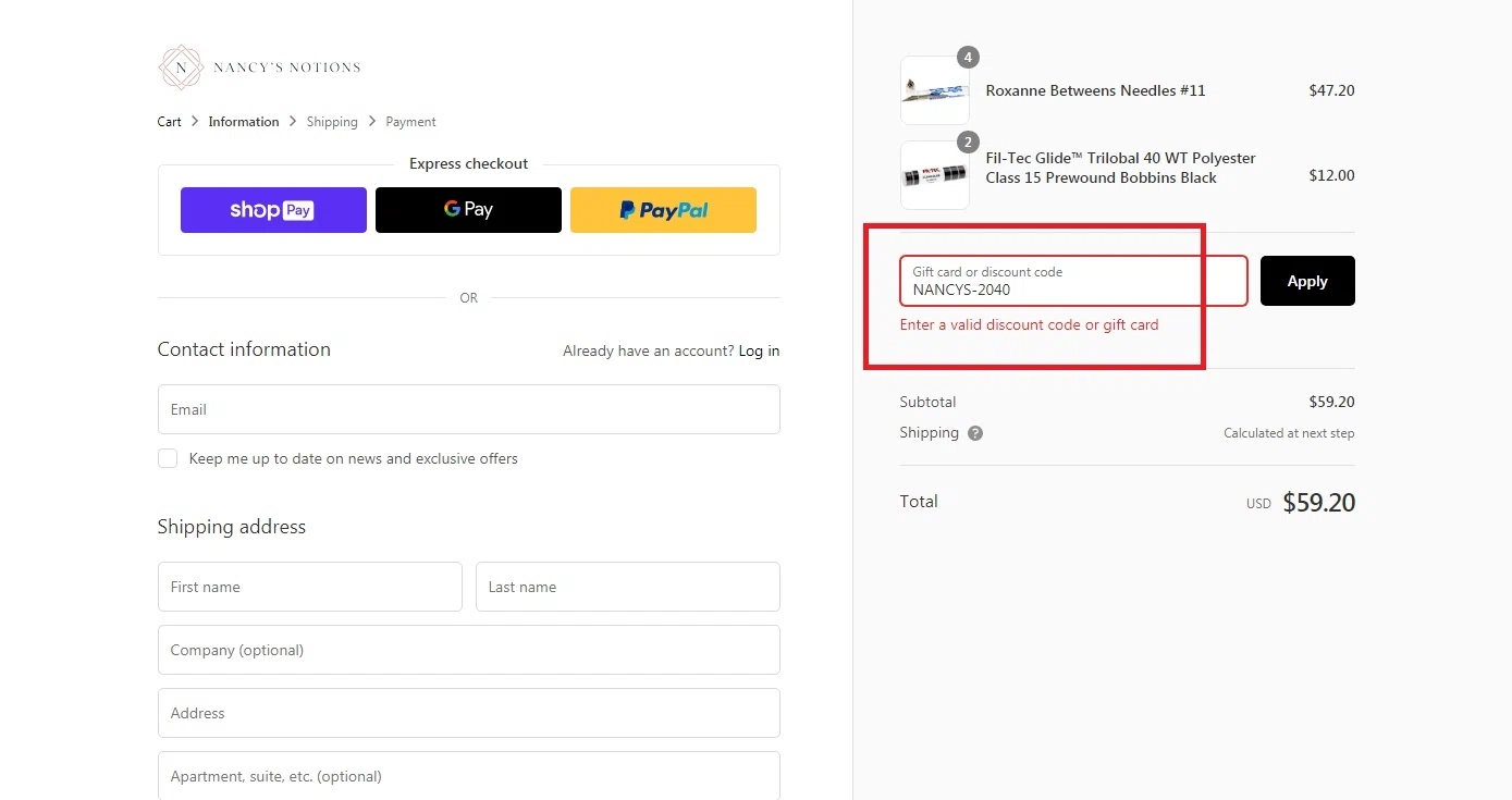 Nancy's Notions checkout page showing Nancy's Notions promo code box | Screenshot taken by SimplyCodes community member on Jul 18, 2020
