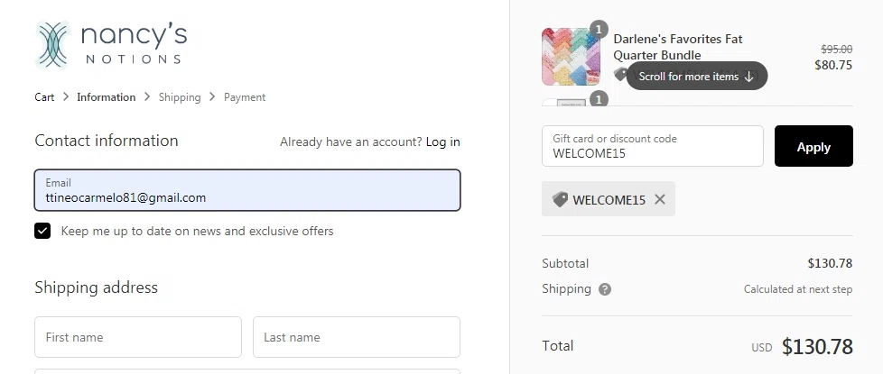 Nancy's Notions checkout page showing Nancy's Notions promo code box | Screenshot taken by SimplyCodes community member on Apr 28, 2021