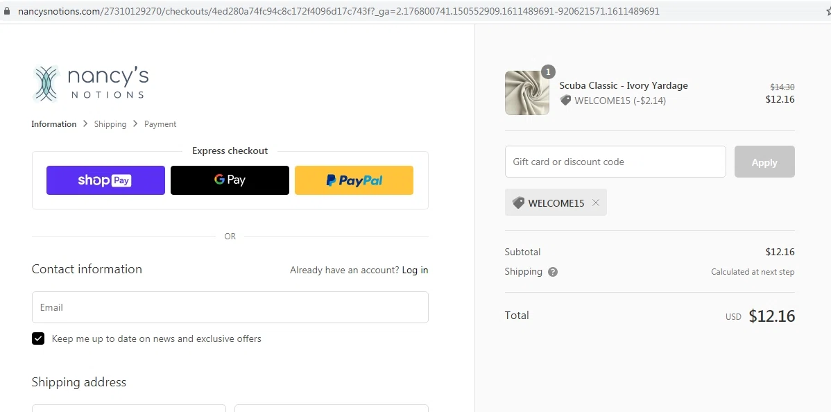 Nancy's Notions checkout page showing Nancy's Notions promo code box | Screenshot taken by SimplyCodes community member on Jan 24, 2021