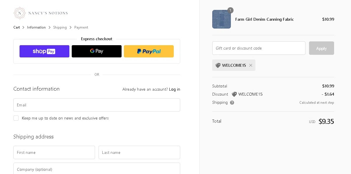 Nancy's Notions checkout page showing Nancy's Notions promo code box | Screenshot taken by SimplyCodes community member on Sep 15, 2020