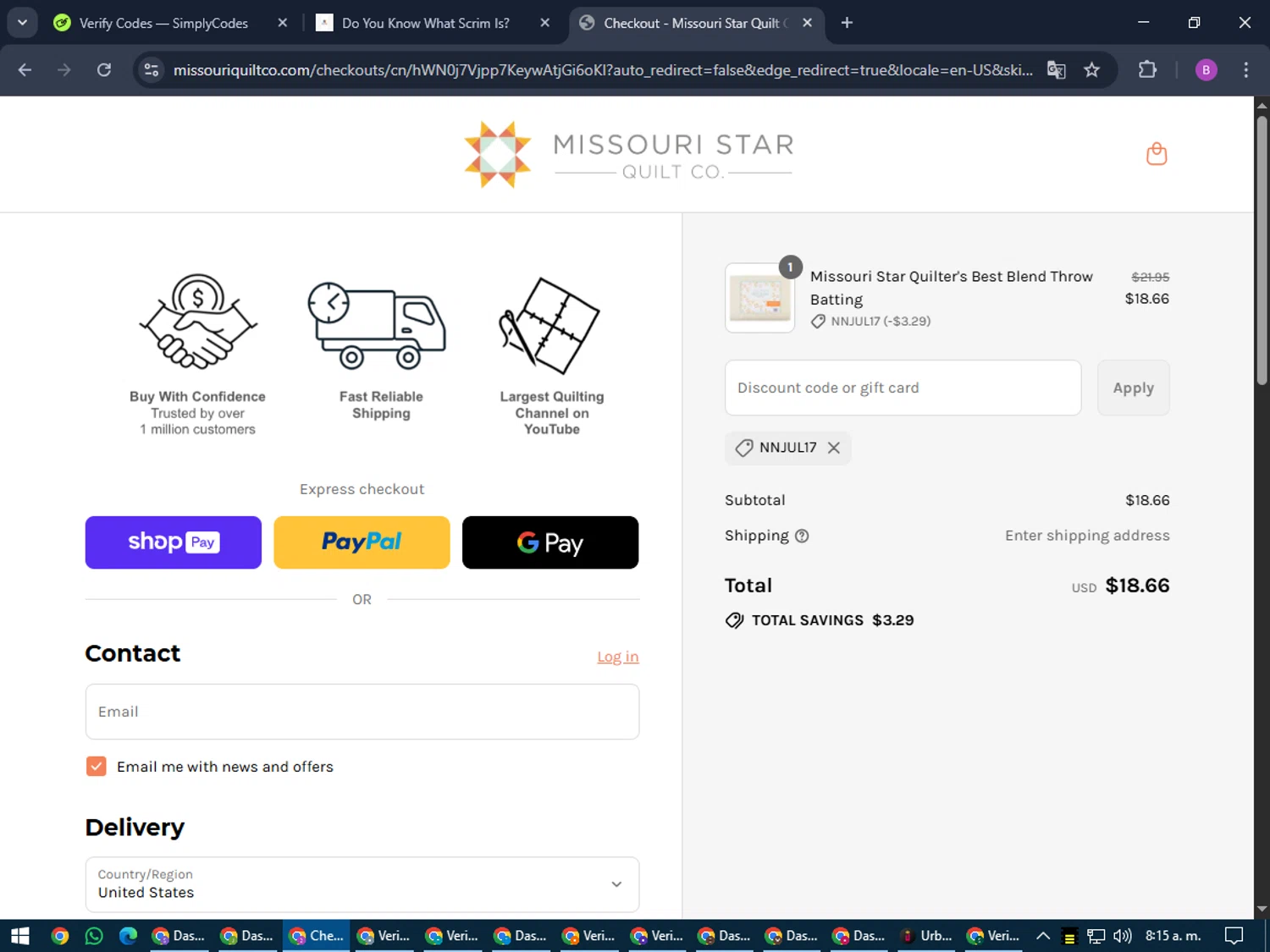 Nancy's Notions promo code screenshot showing code Nnjul17 applied at Nancy's Notions checkout page. Uploaded by SimplyCodes community member travisscott on Jul 17, 2025