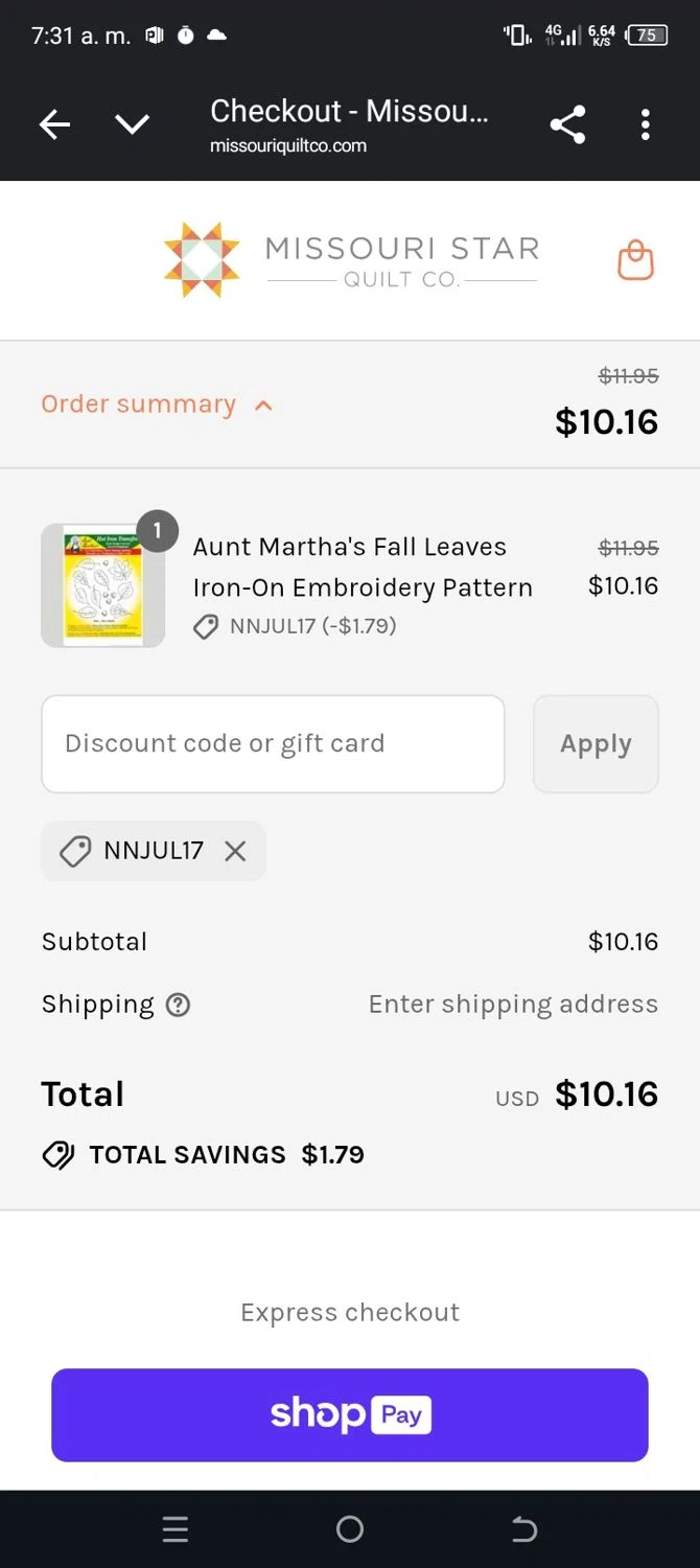 Nancy's Notions promo code screenshot showing code Nnjul17 applied at Nancy's Notions checkout page. Uploaded by SimplyCodes community member ANABEL on Jul 17, 2025