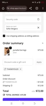 THANKYOU20 coupon verification screenshot