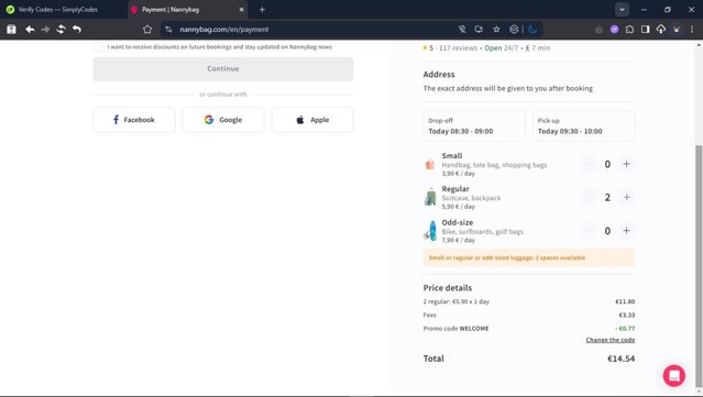 Nannybag checkout page showing Nannybag promo code box | Screenshot taken by SimplyCodes community member on May 15, 2025