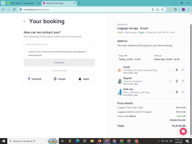 Nannybag checkout page showing Nannybag promo code box | Screenshot taken by SimplyCodes community member on Sep 8, 2025