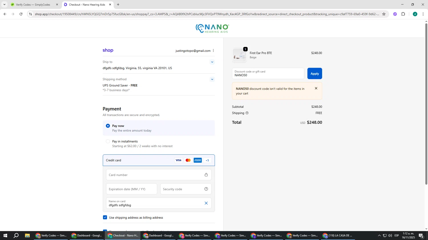 Nano Hearing Aids discount code screenshot showing code NANO50 applied at Nano Hearing Aids checkout page. Uploaded by SimplyCodes community member HEROESCUDA on Nov 16, 2025
