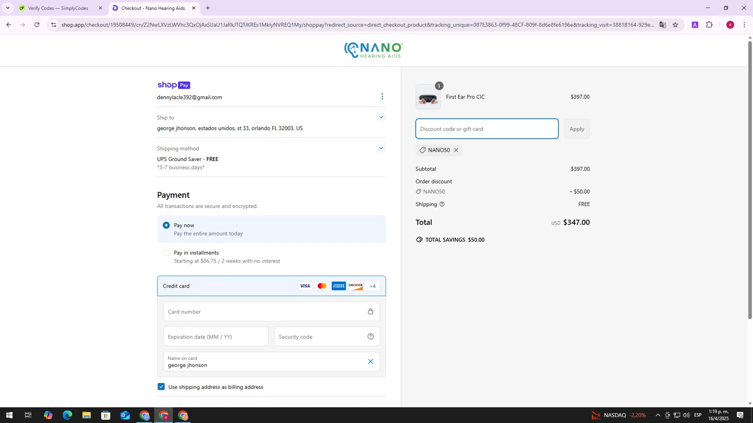 Nano Hearing Aids discount code screenshot showing code NANO50 applied at Nano Hearing Aids checkout page. Uploaded by SimplyCodes community member CoinCollector8010 on Apr 16, 2025