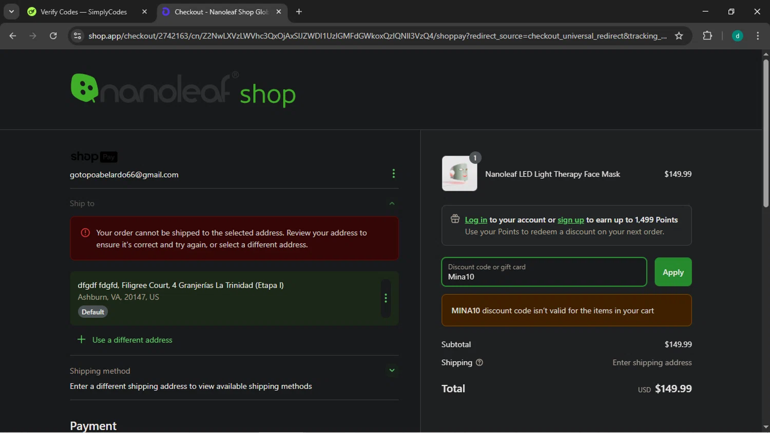 Nanoleaf discount code screenshot showing code Mina10 applied at Nanoleaf checkout page. Uploaded by SimplyCodes community member HEROESCUDA on Apr 16, 2025