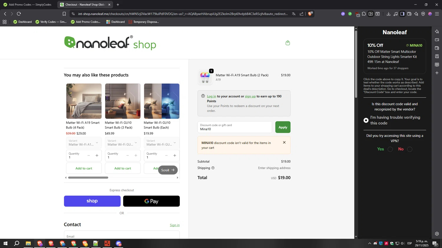 Nanoleaf discount code screenshot showing code Mina10 applied at Nanoleaf checkout page. Uploaded by SimplyCodes community member PrimeTiger1163 on Nov 29, 2025