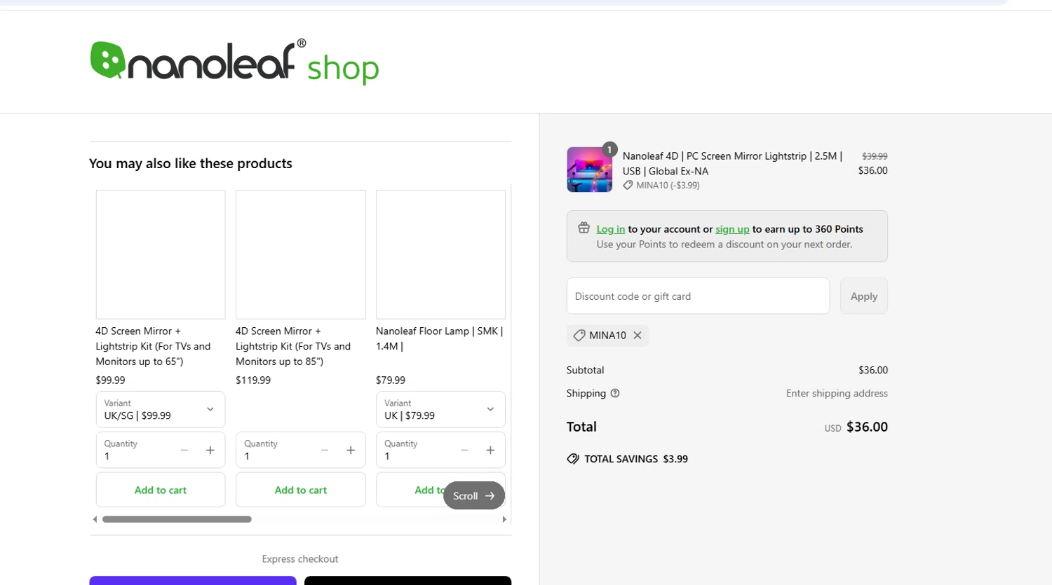 Nanoleaf discount code screenshot showing code Mina10 applied at Nanoleaf checkout page. Uploaded by SimplyCodes community member gilbertrondon on May 23, 2025