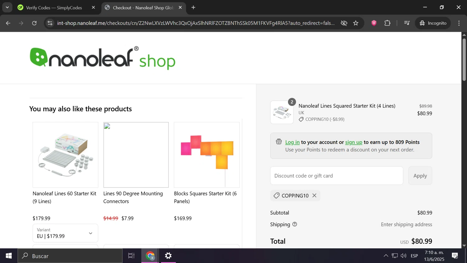 Nanoleaf discount code screenshot showing code COPPING10 applied at Nanoleaf checkout page. Uploaded by SimplyCodes community member Anderson on Jun 13, 2025