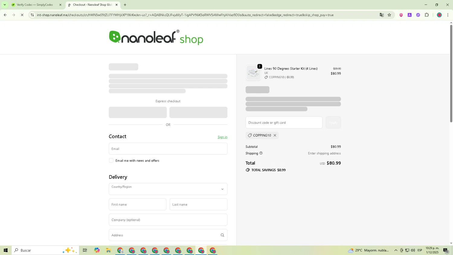 Nanoleaf discount code screenshot showing code COPPING10 applied at Nanoleaf checkout page. Uploaded by SimplyCodes community member David_Garcia on Dec 1, 2025