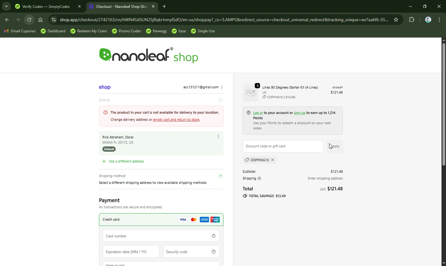 Nanoleaf discount code screenshot showing code COPPING10 applied at Nanoleaf checkout page. Uploaded by SimplyCodes community member LHaunter2 on Oct 23, 2025