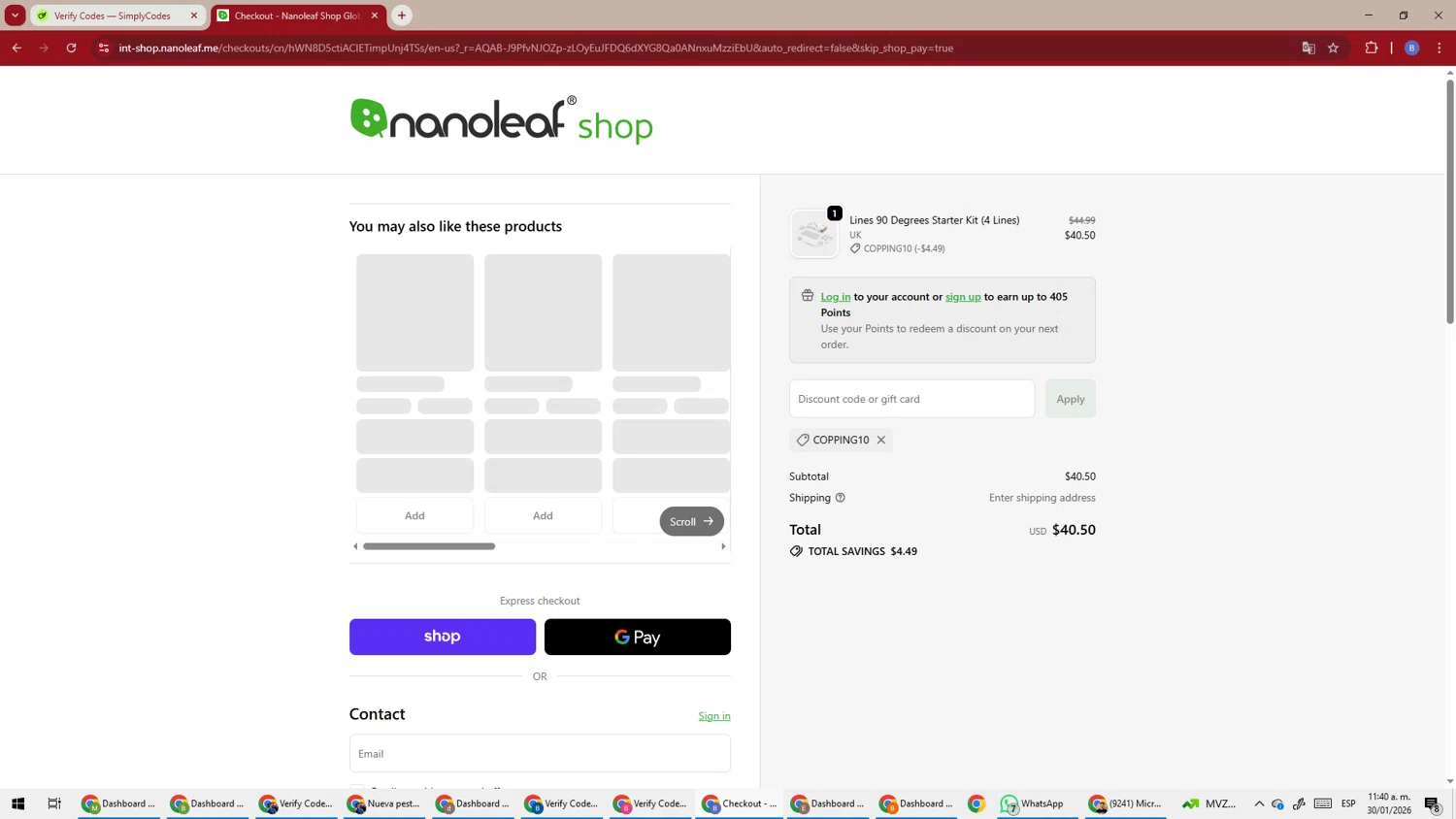 Nanoleaf checkout page showing Nanoleaf discount code box | Screenshot taken by SimplyCodes community member on Jan 30, 2026