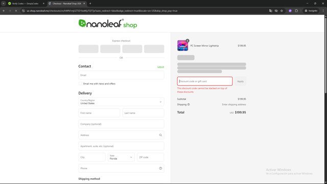 Nanoleaf checkout page showing Nanoleaf discount code box | Screenshot taken by SimplyCodes community member on Aug 16, 2025