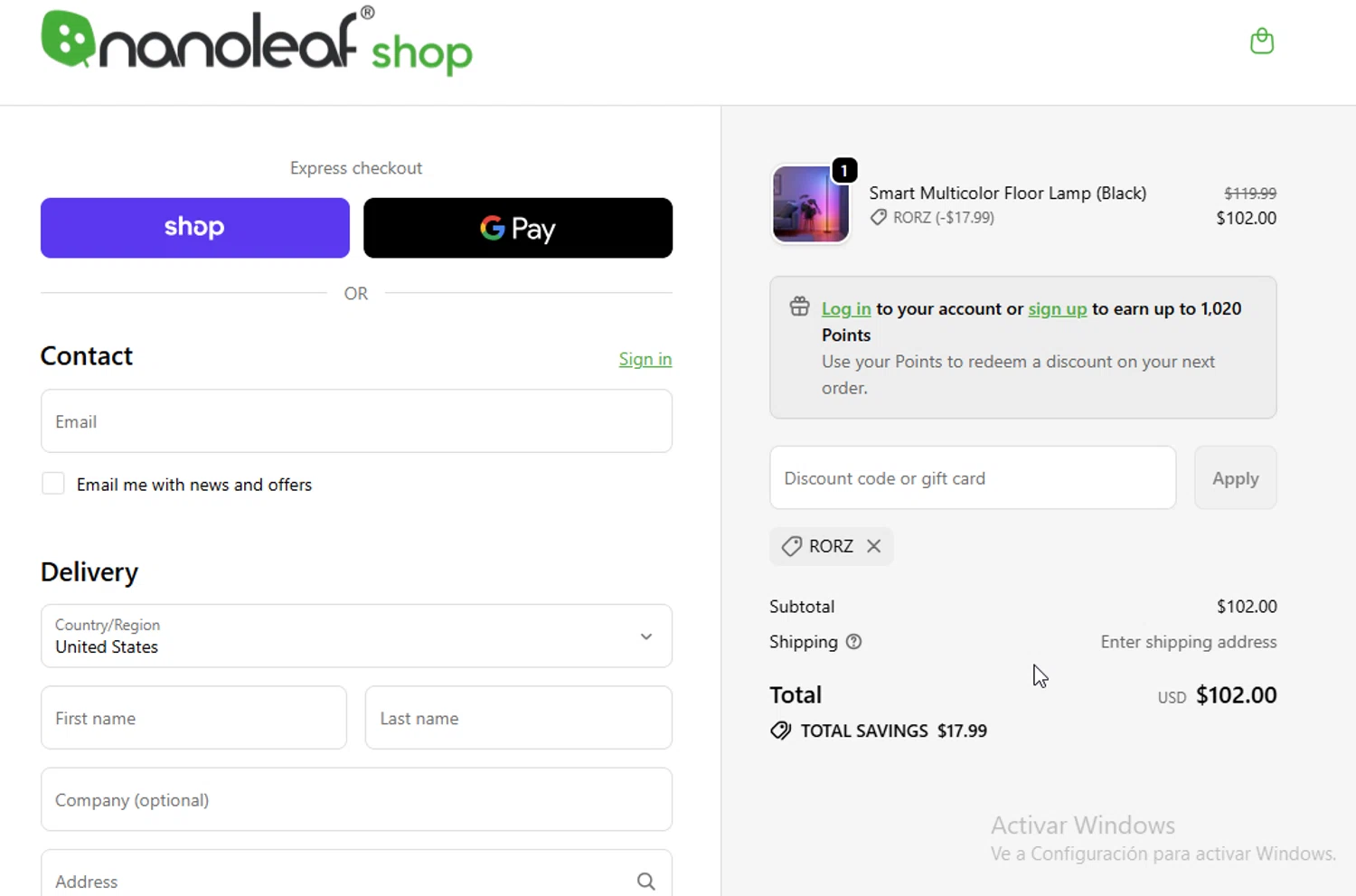 Nanoleaf checkout page showing Nanoleaf discount code box | Screenshot taken by SimplyCodes community member on Nov 16, 2025