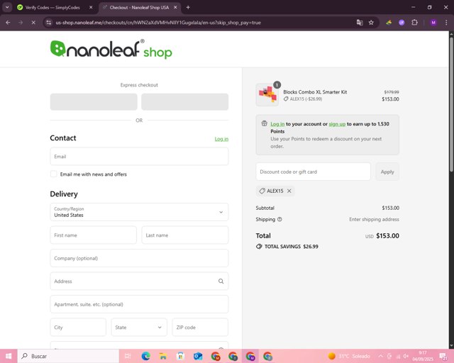 Nanoleaf checkout page showing Nanoleaf discount code box | Screenshot taken by SimplyCodes community member on Sep 4, 2025