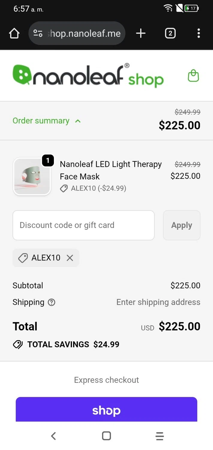 Nanoleaf discount code screenshot showing code ALEX10 applied at Nanoleaf checkout page. Uploaded by SimplyCodes community member RoyalSpotter5217 on Nov 14, 2025