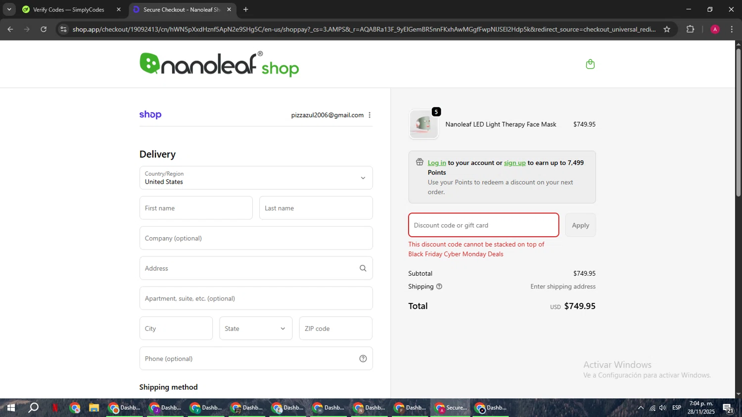 Nanoleaf discount code screenshot showing code NANOLEAFAFF applied at Nanoleaf checkout page. Uploaded by SimplyCodes community member BMWGS1200 on Nov 28, 2025