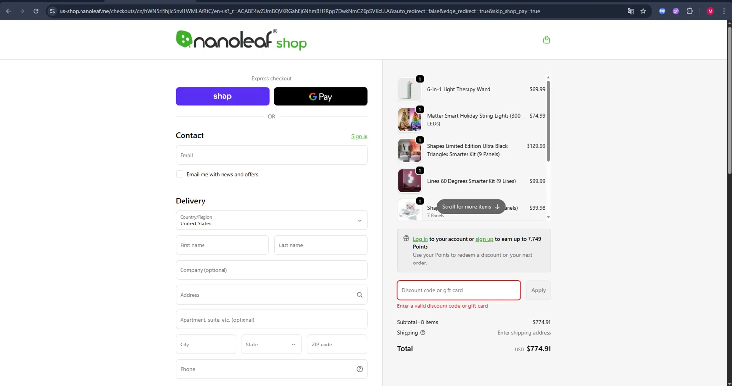 Nanoleaf discount code screenshot showing code TECHLOVER10 applied at Nanoleaf checkout page. Uploaded by SimplyCodes community member BrilliantVirtuoso4783 on Nov 29, 2025