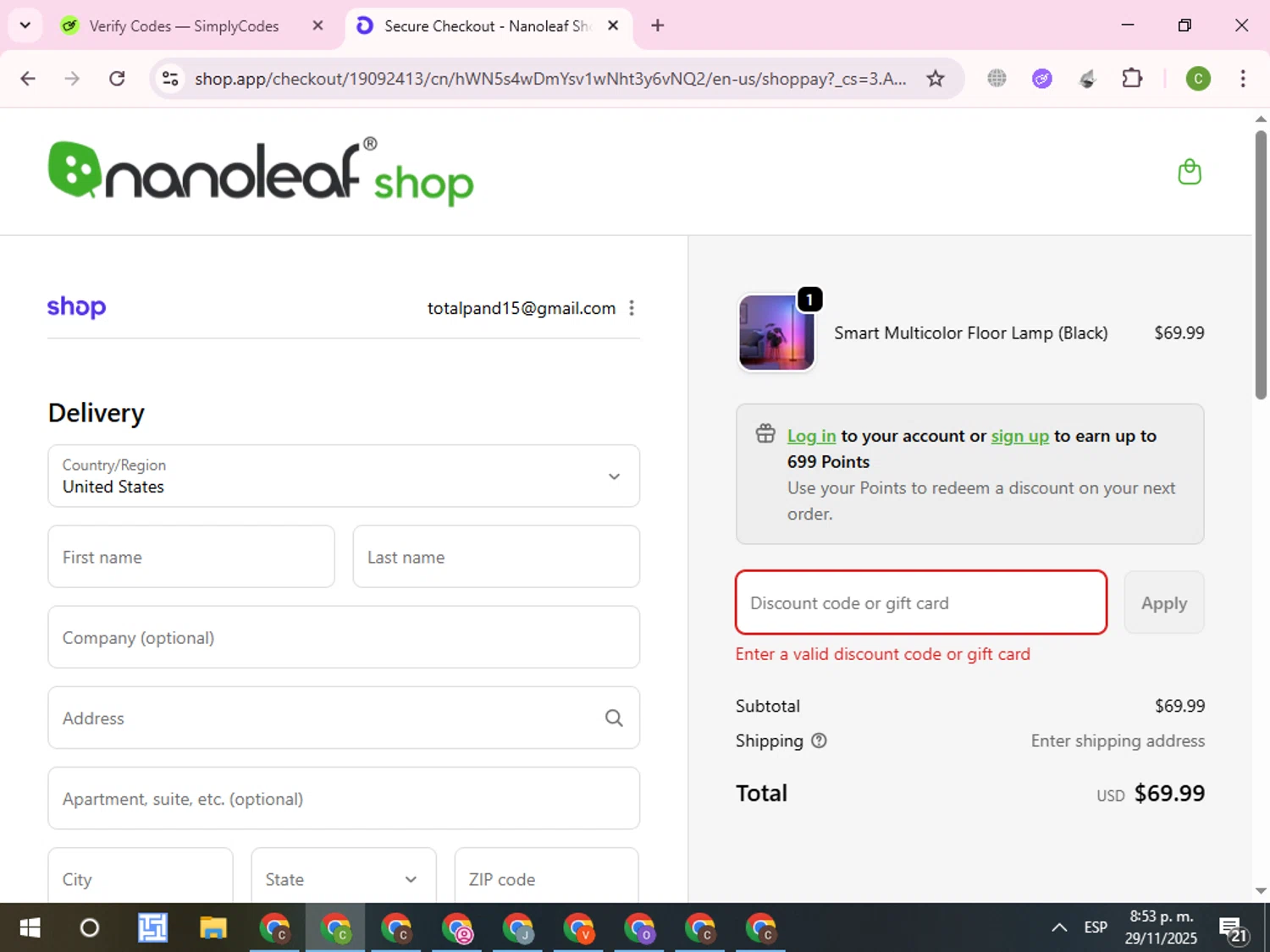 Nanoleaf discount code screenshot showing code TECHLOVER10 applied at Nanoleaf checkout page. Uploaded by SimplyCodes community member RoyalKnight4673 on Nov 30, 2025