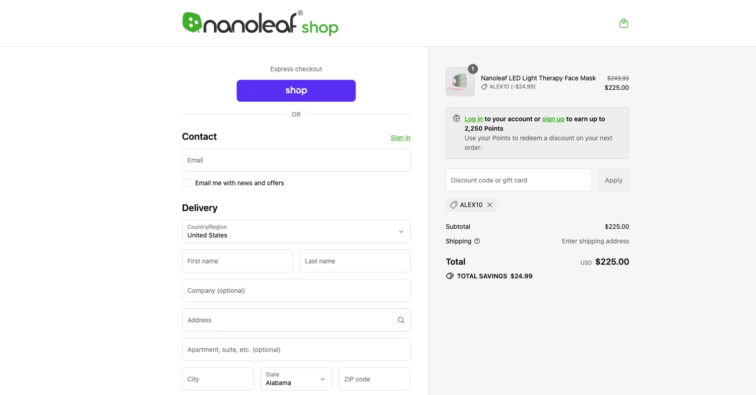 Nanoleaf discount code screenshot showing code ALEX10 applied at Nanoleaf checkout page. Uploaded by SimplyCodes community member ELOIN777 on Sep 17, 2025