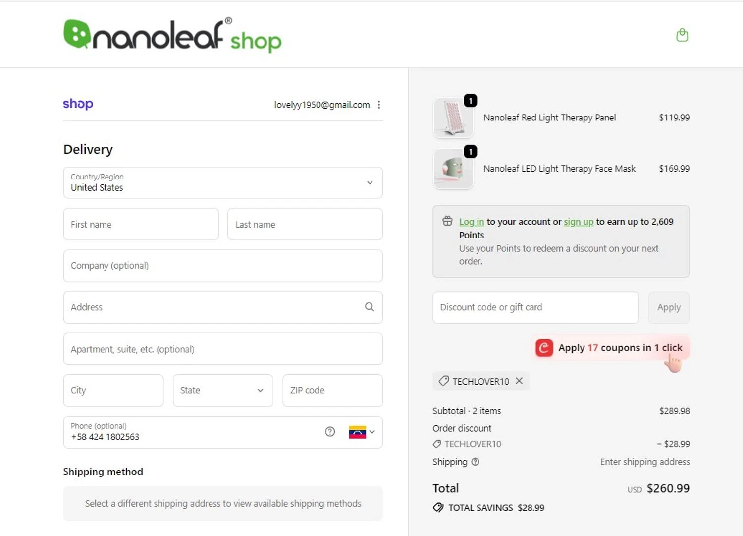 Nanoleaf discount code screenshot showing code TECHLOVER10 applied at Nanoleaf checkout page. Uploaded by SimplyCodes community member RoYoK88 on Jan 6, 2026