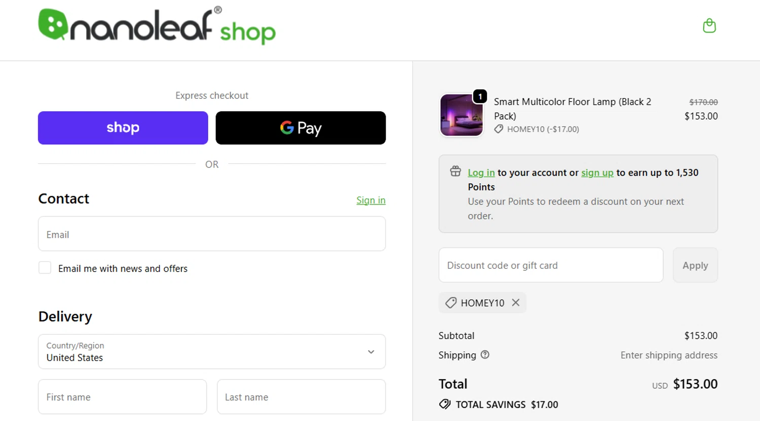 Nanoleaf discount code screenshot showing code HOMEY10 applied at Nanoleaf checkout page. Uploaded by SimplyCodes community member jesspea on Dec 2, 2025