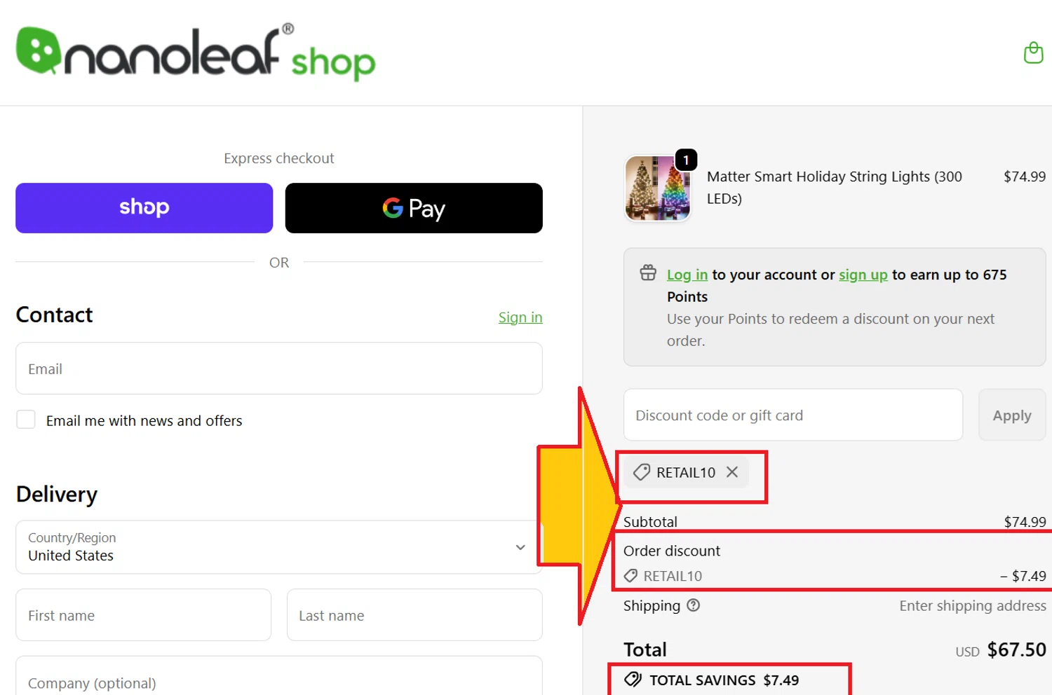 Nanoleaf discount code screenshot showing code RETAIL10 applied at Nanoleaf checkout page. Uploaded by SimplyCodes community member kattylar on Dec 13, 2025