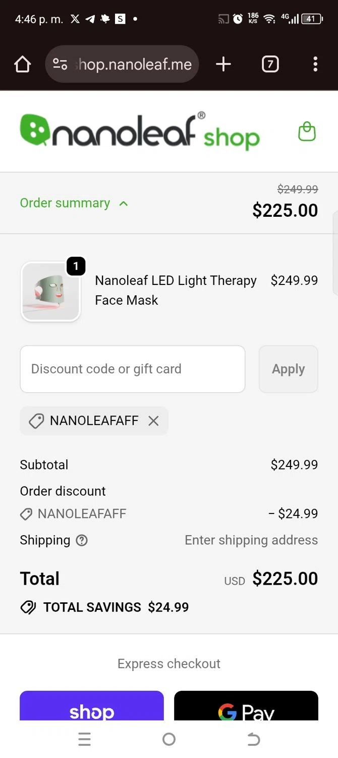 Nanoleaf discount code screenshot showing code NANOLEAFAFF applied at Nanoleaf checkout page. Uploaded by SimplyCodes community member kellymoreno on Oct 27, 2025
