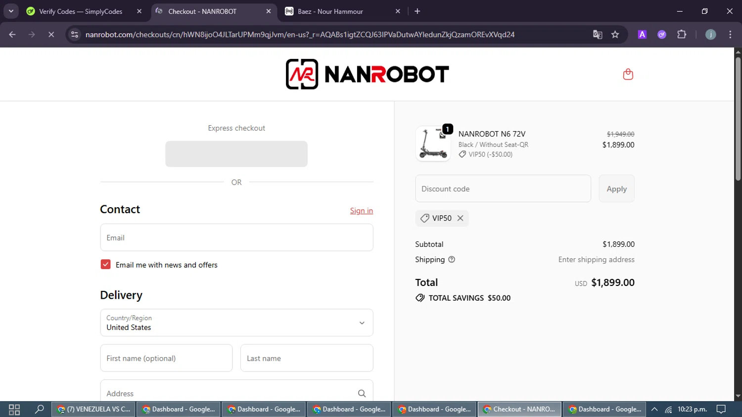 NANROBOT coupon code screenshot showing code VIP50 applied at NANROBOT checkout page. Uploaded by SimplyCodes community member MoneyFox4293 on Feb 13, 2026