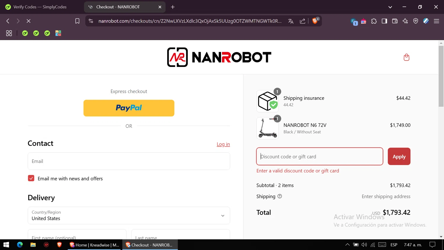 NANROBOT coupon code screenshot showing code VIP50 applied at NANROBOT checkout page. Uploaded by SimplyCodes community member VictoriousSaver2809 on Mar 8, 2025