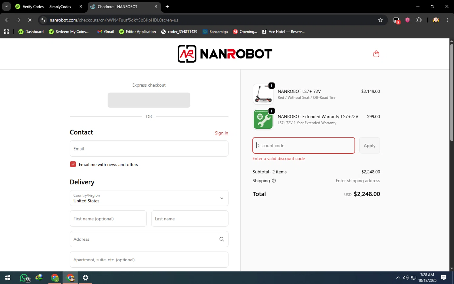 NANROBOT coupon code screenshot showing code PRE-ORDER applied at NANROBOT checkout page. Uploaded by SimplyCodes community member ArizaJuan on Oct 18, 2025