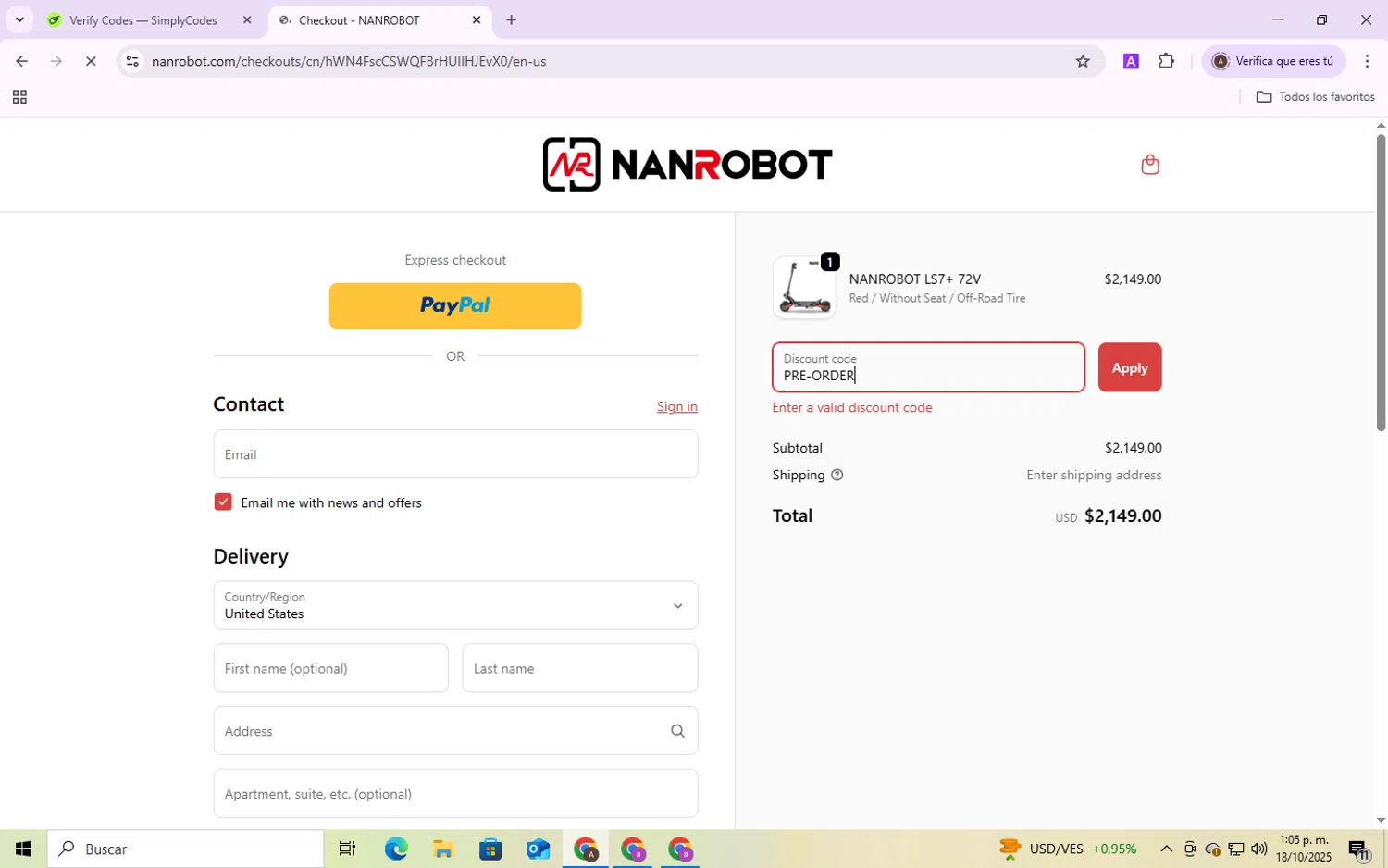 NANROBOT coupon code screenshot showing code PRE-ORDER applied at NANROBOT checkout page. Uploaded by SimplyCodes community member SmartShopper4328 on Oct 18, 2025