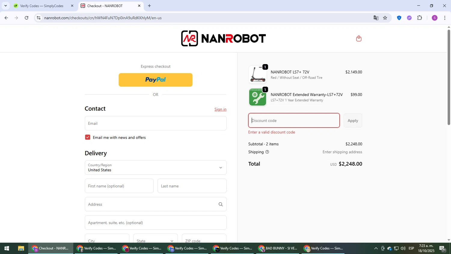 NANROBOT coupon code screenshot showing code PRE-ORDER applied at NANROBOT checkout page. Uploaded by SimplyCodes community member Son_Goku on Oct 18, 2025
