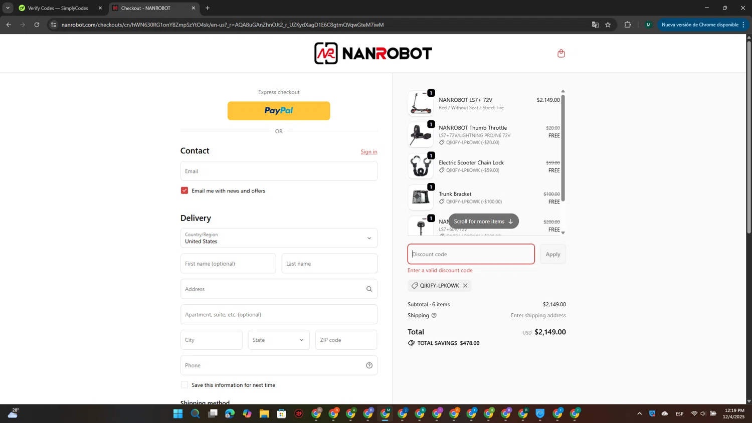 NANROBOT coupon code screenshot showing code bf100 applied at NANROBOT checkout page. Uploaded by SimplyCodes community member MDLECHUZA on Dec 4, 2025