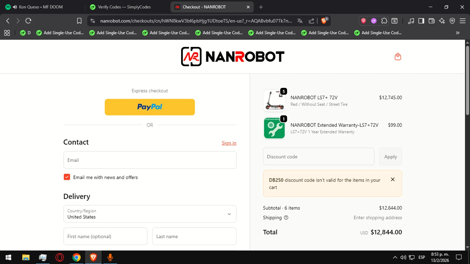 NANROBOT coupon code screenshot showing code DB250 applied at NANROBOT checkout page. Uploaded by SimplyCodes community member Ultrapapu on Feb 14, 2026