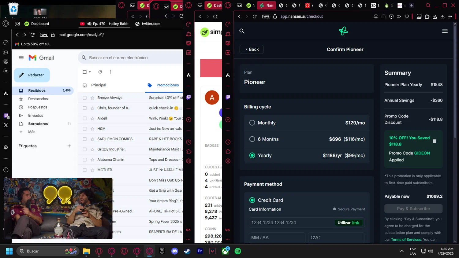 Nansen promo code screenshot showing code GIDEON applied at Nansen checkout page. Uploaded by SimplyCodes community member Handivlak on Apr 29, 2025