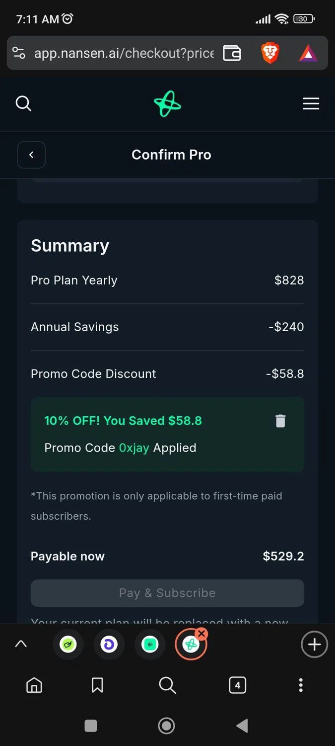 Nansen promo code screenshot showing code 0xjay applied at Nansen checkout page. Uploaded by SimplyCodes community member BargainPioneer8286 on Dec 7, 2025