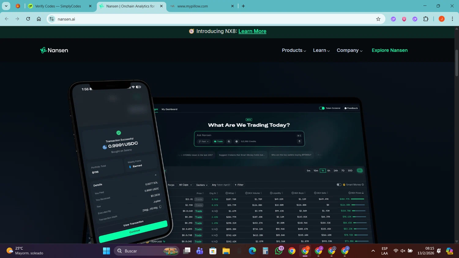Nansen promo code screenshot showing code 0xjay applied at Nansen checkout page. Uploaded by SimplyCodes community member FortunateRanger1171 on Feb 13, 2026