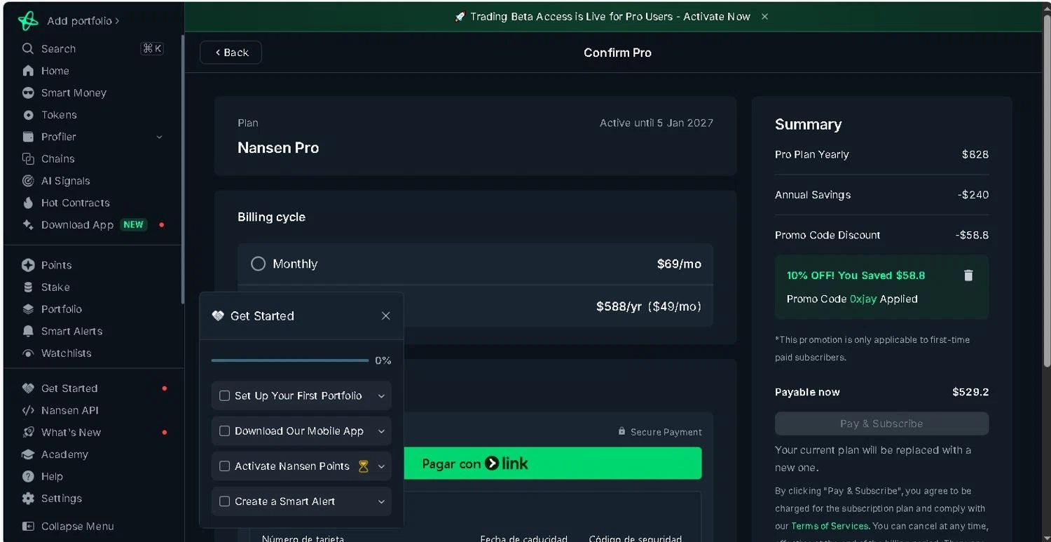 Nansen promo code screenshot showing code 0xjay applied at Nansen checkout page. Uploaded by SimplyCodes community member LAMINEJAMAL on Jan 5, 2026