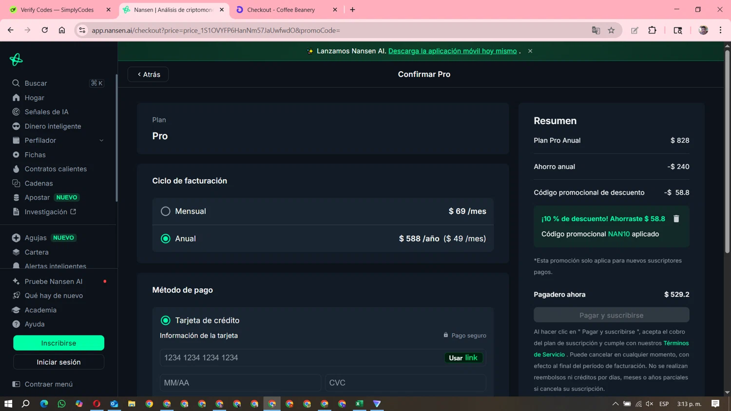 Nansen promo code screenshot showing code NAN10 applied at Nansen checkout page. Uploaded by SimplyCodes community member DavGutFig on Oct 3, 2025