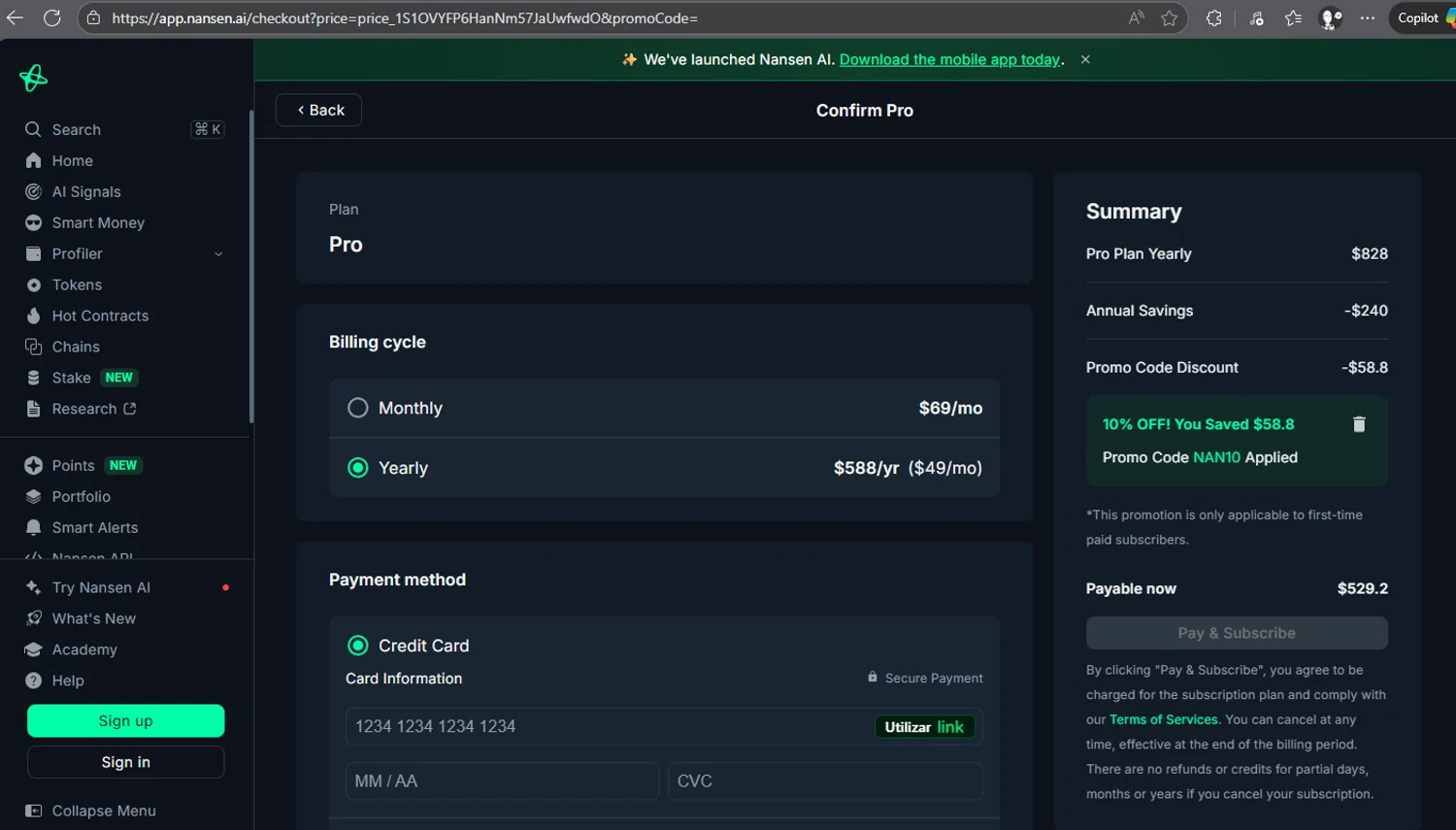 Nansen promo code screenshot showing code NAN10 applied at Nansen checkout page. Uploaded by SimplyCodes community member JEMITOIG on Oct 3, 2025